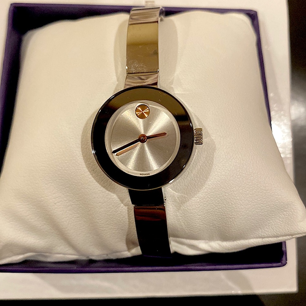 Movado Bold Watch women. Small elegant with rose gold movado dot